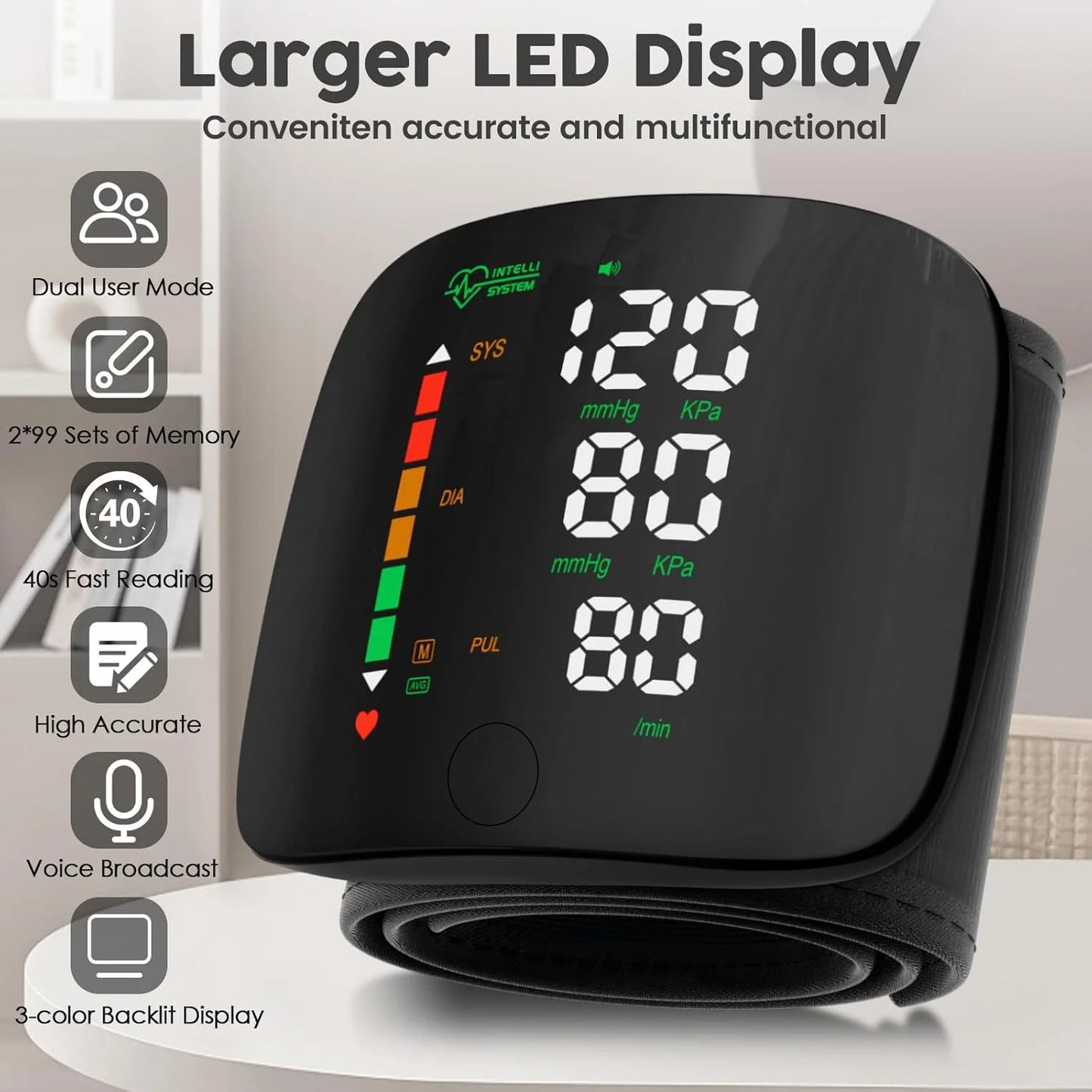 Wrist Blood Pressure Monitor LED Display, Touch Screen Wrist Blood Pressure Cuff 99X2 Reading Memory Wrist Bp Monitor with Carrying Case(Black)