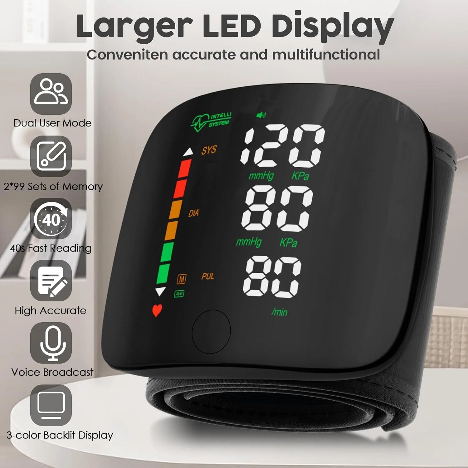 Wrist Blood Pressure Monitor LED Display, Touch Screen Wrist Blood Pressure Cuff 99X2 Reading Memory Wrist Bp Monitor with Carrying Case(Black)